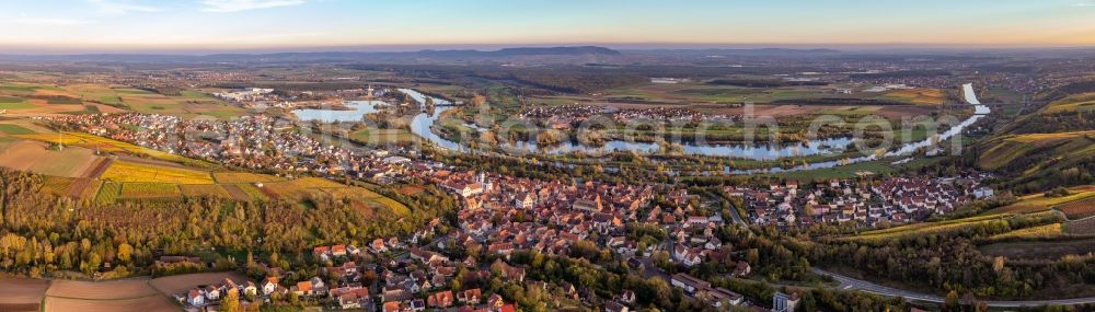Dettelbach from above - Panoramaic perspective village on the banks of the area of the Main river - river course in Dettelbach in the state Bavaria, Germany