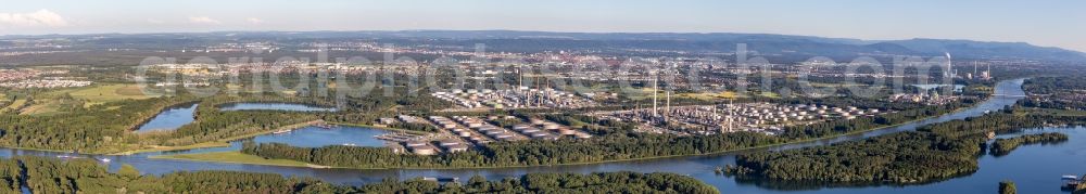 Aerial image Karlsruhe - Panoramic perspective refinery equipment and management systems on the factory premises of the mineral oil manufacturers Mineraloelraffinerie Oberrhein in the district Knielingen in Karlsruhe in the state Baden-Wurttemberg