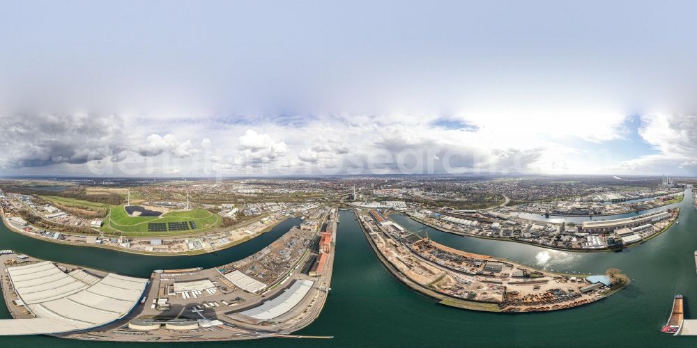 Karlsruhe from above - Panoramic perspective quays and boat moorings at the port of the inland port in Karlsruhe in the state Baden-Wurttemberg, Germany