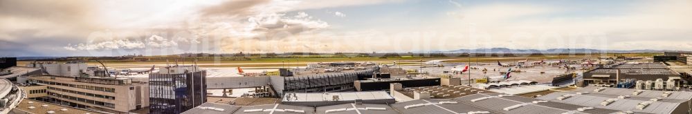 Aerial image Schwechat - Panoramic perspective Dispatch building and terminals on the premises of the airport Schwechat in Vienna in Lower Austria, Austria