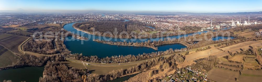 Aerial photograph Mannheim - Panoramic perspective of curved loop of the riparian zones on the course of the river Rhine around the island Reiss near Neckarau in Mannheim in the state Baden-Wuerttemberg, Germany