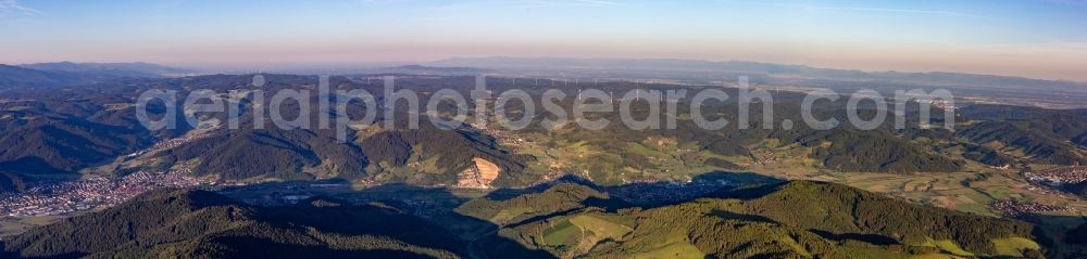 Steinach from the bird's eye view: Panoramic perspective of the valley landscape surrounded by mountains of the Black forest in Steinach in the state Baden-Wurttemberg, Germany