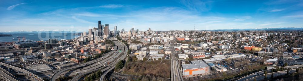 Aerial photograph Seattle - Panoramic perspective city view on sea coastline Downtown Seattle in Seattle in Washington, United States of America