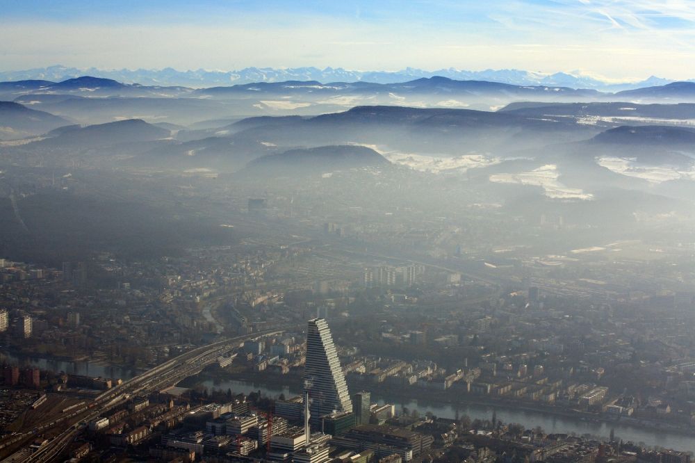 Aerial image Basel - Panorama from the local area of Basle in Switzerland, looking to the south over the impressive Roche skyscraper, the Jura mountains to the Swiss alps