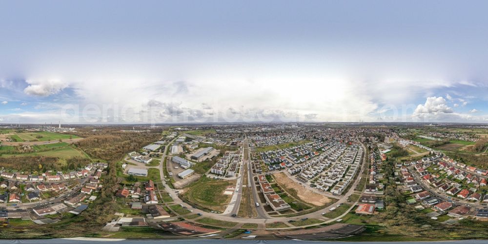 Karlsruhe from the bird's eye view: Panoramic perspective outskirts residential in the district Knielingen in Karlsruhe in the state Baden-Wurttemberg, Germany