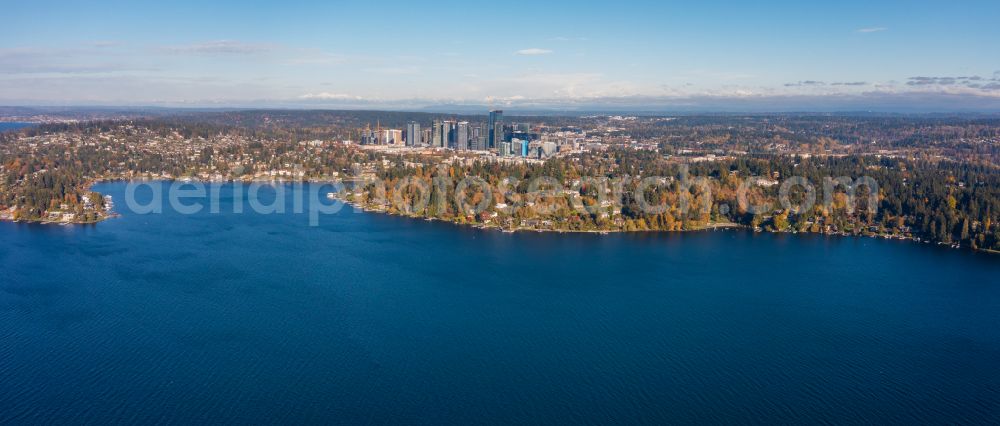 Bellevue from above - Panoramic perspective riparian areas on the lake area of Lake Washington in Bellevue in Washington, United States of America