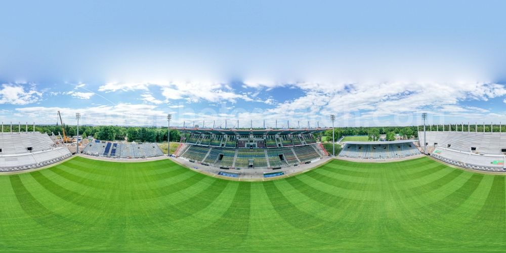 Karlsruhe from the bird's eye view: Panoramic perspective extension and conversion site on the sports ground of the stadium Wildparkstadion in Karlsruhe in the state Baden-Wurttemberg, Germany