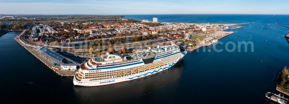 Aerial image Rostock - Circumferential, horizontally adjustable 180 degree perspective cruise and passenger ship AIDA diva in the district Warnemuende in Rostock in the state Mecklenburg - Western Pomerania, Germany