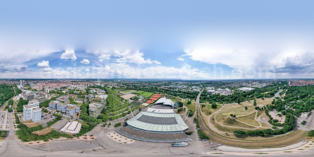Karlsruhe from above - Panoramic perspective building of the indoor arena Europahalle on Hermann-Veit-Strasse in Karlsruhe in the state Baden-Wuerttemberg, Germany