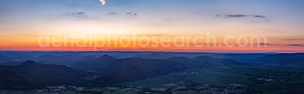 Aerial image Eschbach - Panoramic perspective of forest and mountain scenery after sunset at the edge of the Hardtr in Pfaelzerwald between Klingenmuenster and Albersweiler in Eschbach in the state Rhineland-Palatinate, Germany, Sonnenuntergang