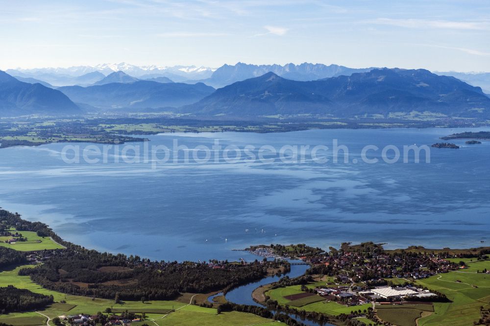 Seeon-Seebruck from above - Riparian areas on the lake area of Chiemsee in Seeon-Seebruck in the state Bavaria, Germany