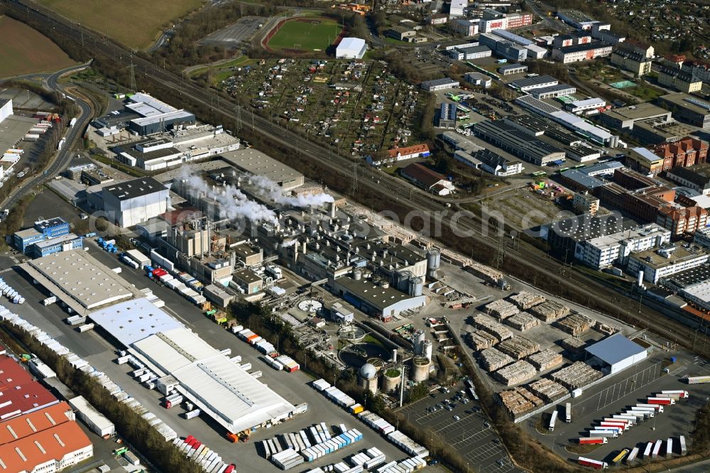 Fulda from the bird's eye view: Complex factory Papierfabrik Adolf Jass GmbH and logistics center on the premises of Friedrich Zufall GmbH in the district Niesig in Fulda in the state Hesse, Germany