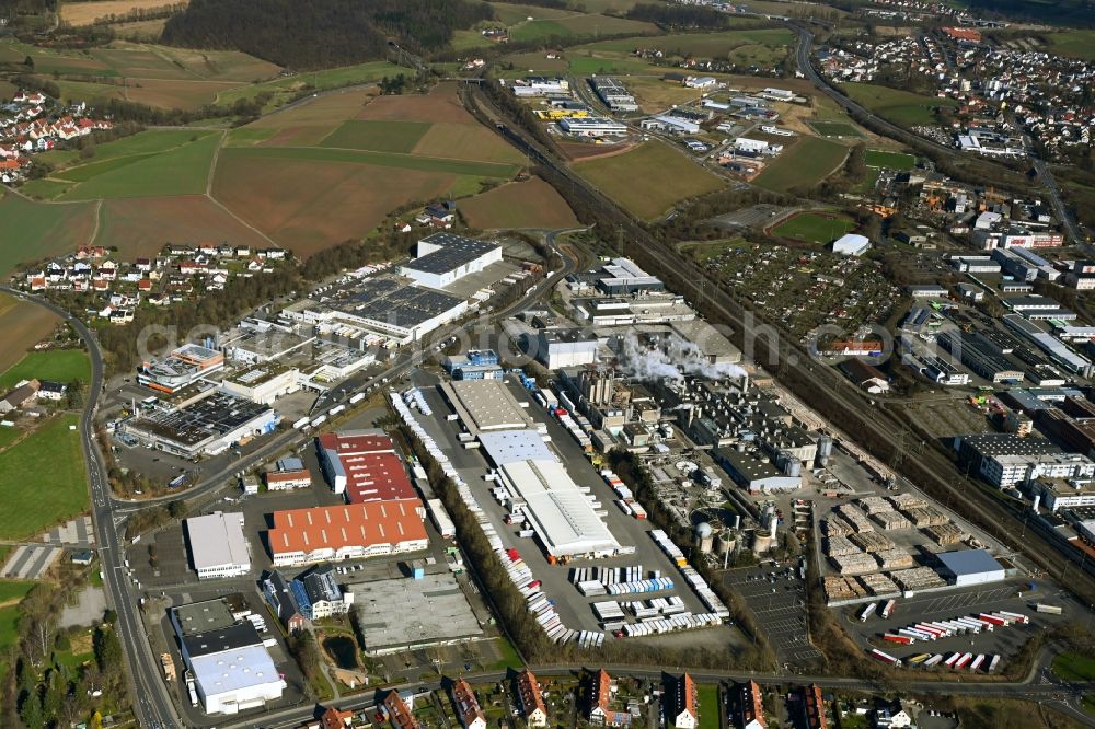 Aerial photograph Fulda - Complex factory Papierfabrik Adolf Jass GmbH and logistics center on the premises of Friedrich Zufall GmbH in the district Niesig in Fulda in the state Hesse, Germany