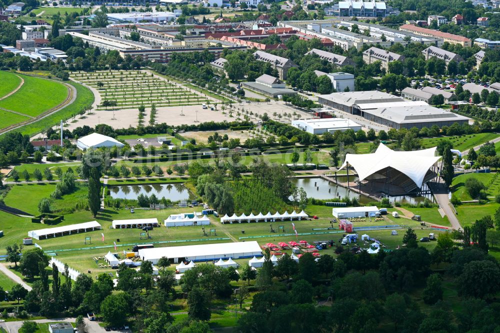 Aerial image Magdeburg - Park Elbauenpark with the floating stage in Magdeburg in the state Saxony-Anhalt, Germany