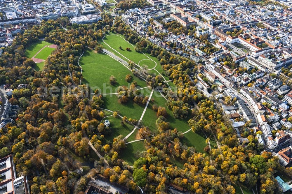 München from above - Park English Gardens and House of Art (Haus der Kunst) in the city center of Munich in the state of Bavaria