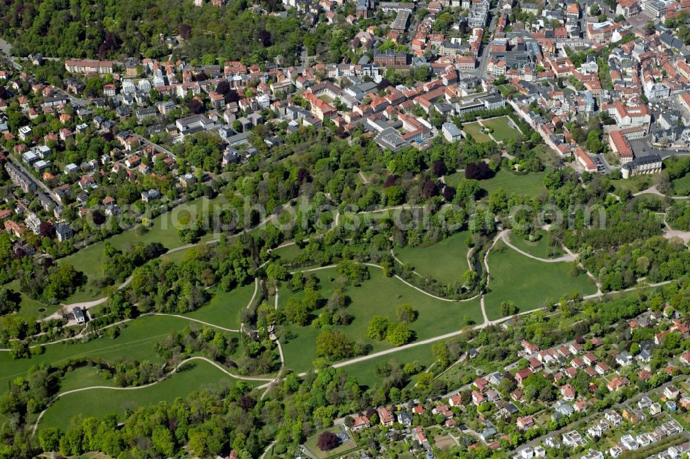 Weimar from the bird's eye view: Park of on Goethes Gartenhaus in Park on Ilm in Weimar in the state Thuringia, Germany