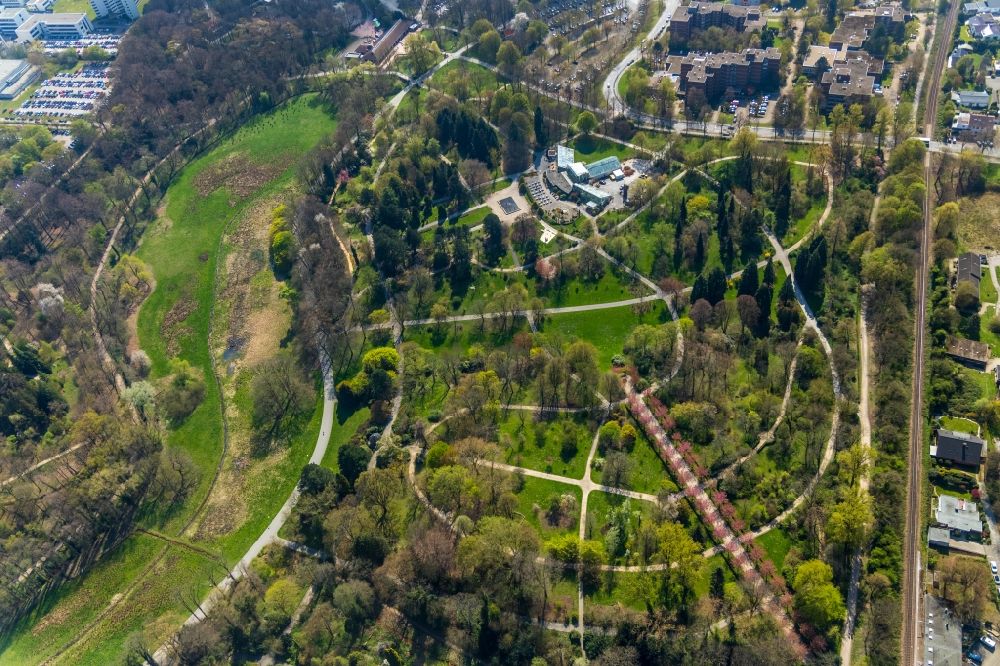 Dortmund from above - Park of and Kirschbluetenallee in the district Rombergpark in Dortmund in the state North Rhine-Westphalia, Germany