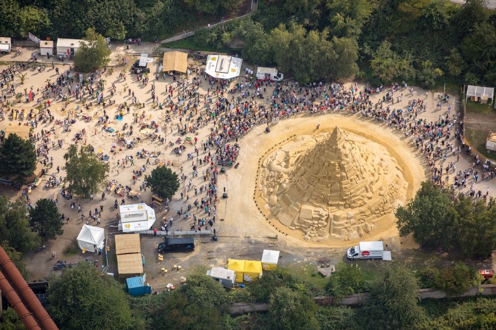 Duisburg from above - Park of Landschaftspark Duisburg-Nord with world's largest sand castle in the district Meiderich-Beeck in Duisburg in the state North Rhine-Westphalia, Germany