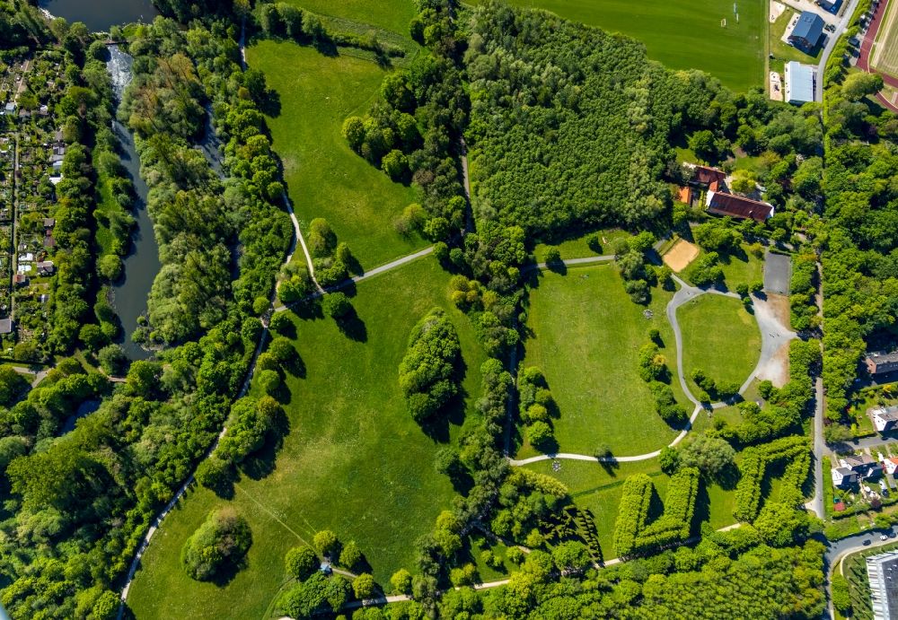 Aerial image Münster - Park of Nordpark also called Wienburgpark between Wienburgstrasse and Kanalstrasse in Muenster in the state North Rhine-Westphalia, Germany