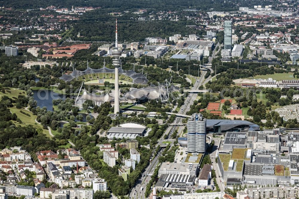 Aerial image München - Park of Olympiapark in the district Milbertshofen-Am Hart in Munich in the state Bavaria, Germany