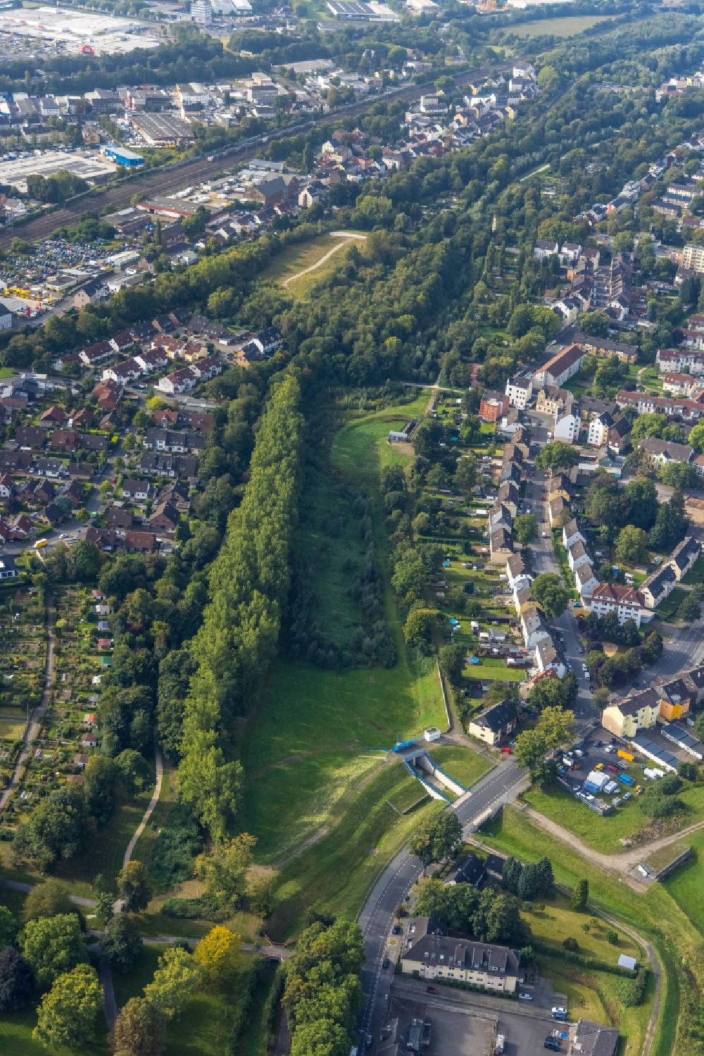 Dortmund from above - Green grassy areas with trees on the butterfly stream in the district of Marten in Dortmund in the Ruhr area in the state North Rhine-Westphalia, Germany