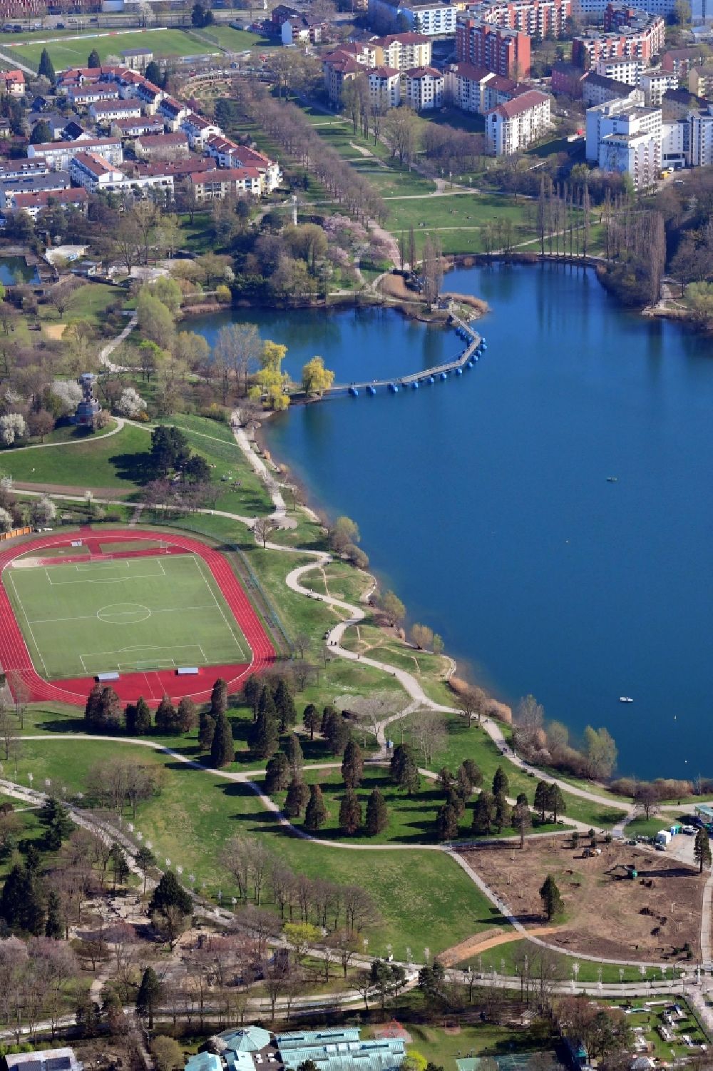 Aerial image Freiburg im Breisgau - Seepark with lake Flueckigersee on the area of the former State Garden Show in the district Betzenhausen in Freiburg im Breisgau in the state Baden-Wurttemberg, Germany