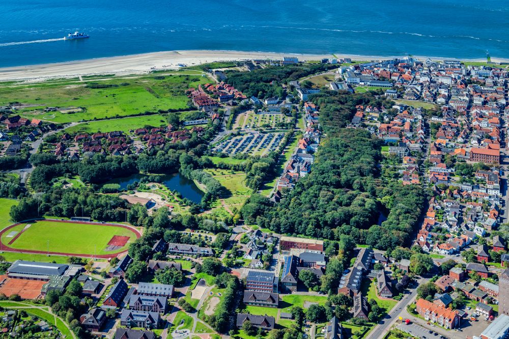 Norderney from above - Park and playground with sandy areas with a pond and indoor play hall Kap Horn in Norderney in the state Lower Saxony, Germany
