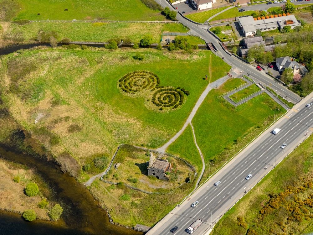 Galway from above - Hedge circles in the park at the tower ruins in Galway , Ireland