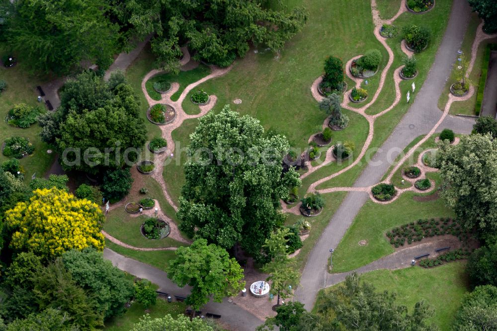Freiburg im Breisgau from the bird's eye view: Park with ornate bed borders in the Botanical Garden of the University of Freiburg in the district Herdern in Freiburg im Breisgau in the state Baden-Wuerttemberg, Germany