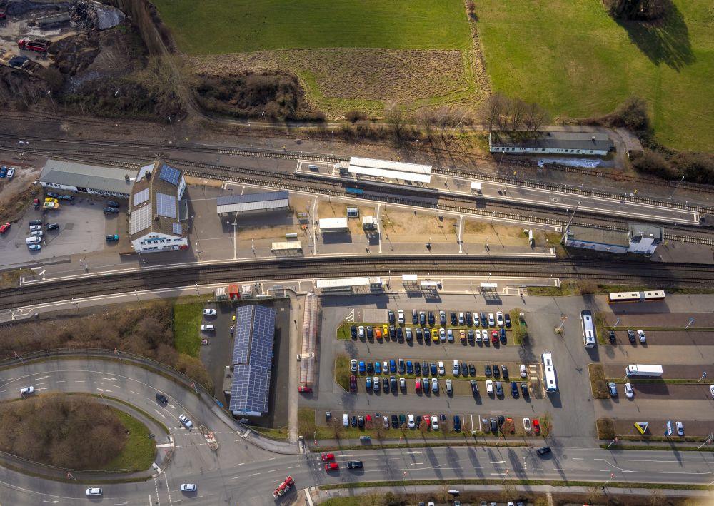 Fröndenberg/Ruhr from above - parking and storage space for automobiles on Wilhelm-Feuerhake-Strasse in Froendenberg/Ruhr in the state North Rhine-Westphalia, Germany
