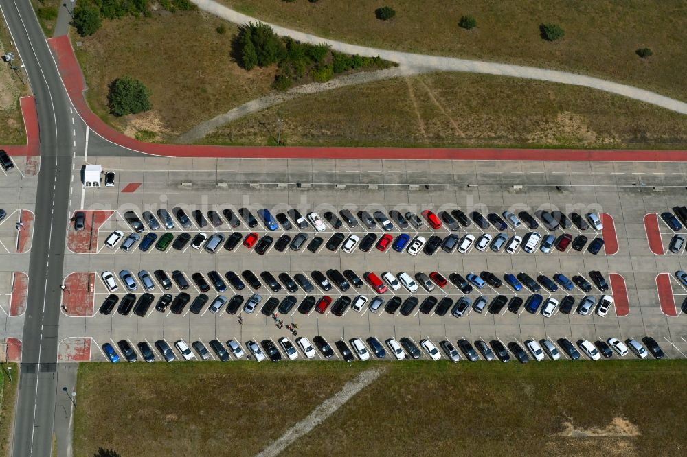 Aerial photograph Halbe - Parking and storage space for automobiles of Tropical Islands in Halbe in the state Brandenburg, Germany