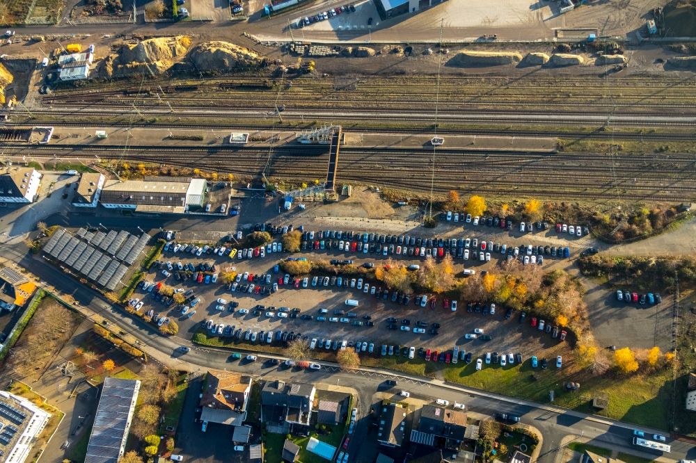 Aerial image Haltern am See - Parking and storage space for automobiles at the train station in Haltern am See in the state North Rhine-Westphalia, Germany