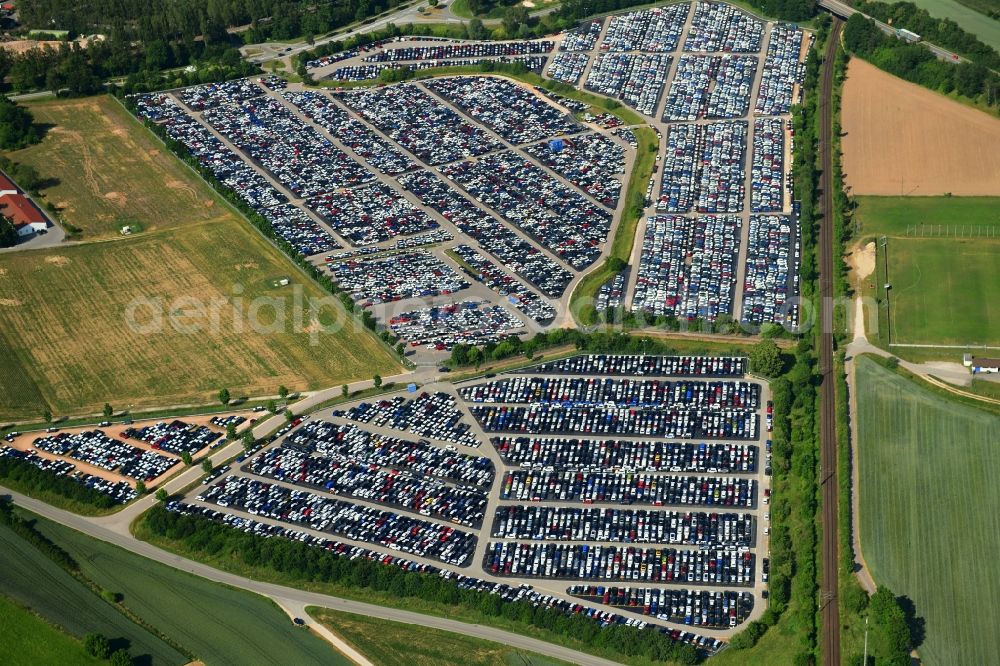 Aerial image Kelheim - Parking and storage space for automobiles on Abensberger Strasse in Kelheim in the state Bavaria, Germany