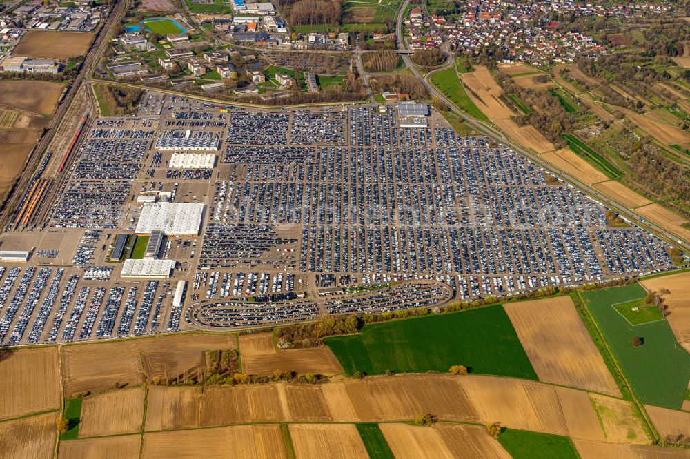 Kippenheim from the bird's eye view: Parking and storage space for automobiles of MOSOLF Logistics & Services GmbH on street Freimatte in Kippenheim in the state Baden-Wuerttemberg
