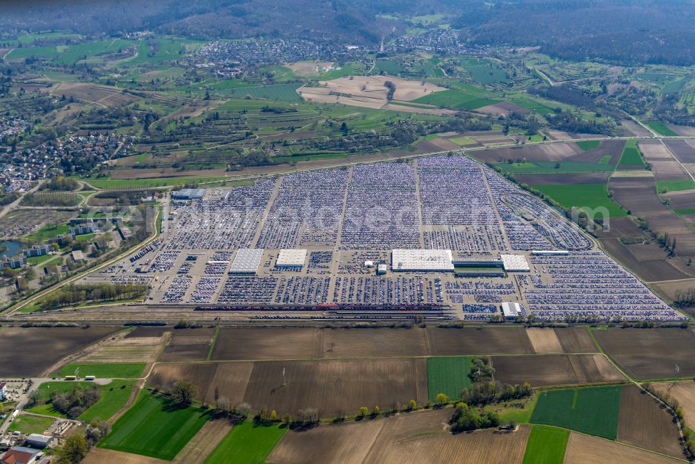 Kippenheim from above - Parking and storage space for automobiles on street Freimatte in Kippenheim in the state Baden-Wuerttemberg, Germany