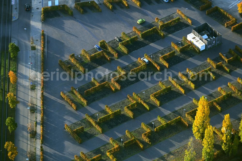 Potsdam from above - Parking and storage space for automobiles on Georg-Hermann-Allee in the district Bornstedt in Potsdam in the state Brandenburg, Germany