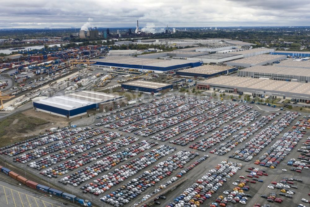Duisburg from above - Parking and storage space for automobiles of BLG AutoTerminal Deutschland GmbH & Co KG in the district Rheinhausen in Duisburg in the state North Rhine-Westphalia, Germany