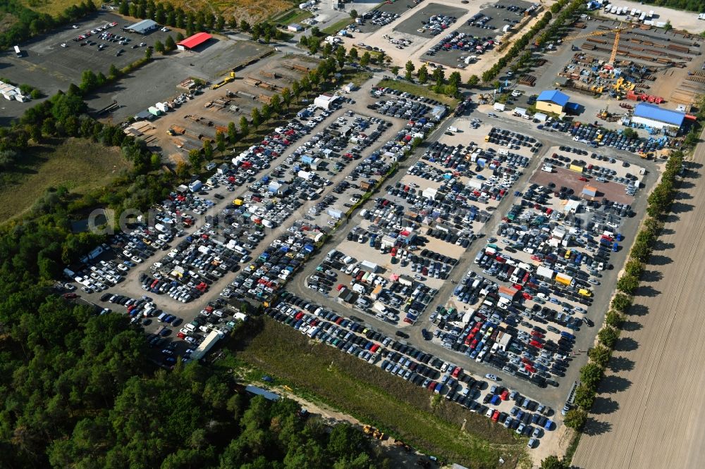 Aerial photograph Schenkendorf - Parking and storage space for automobiles on Zeppelinring in Schenkendorf in the state Brandenburg, Germany