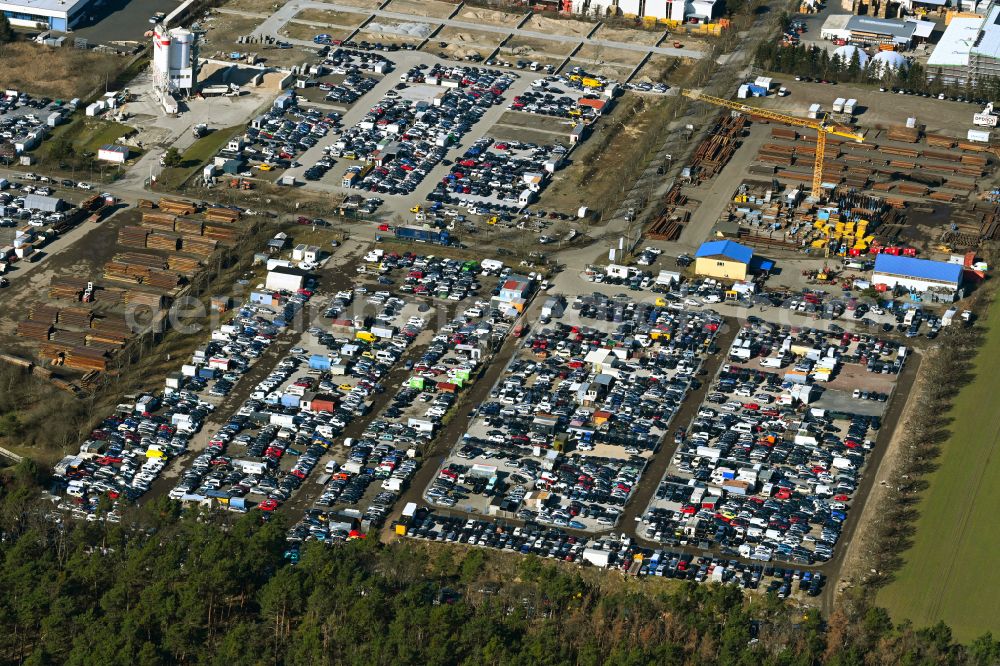 Aerial photograph Schenkendorf - Parking and storage space for automobiles on Zeppelinring in Schenkendorf in the state Brandenburg, Germany