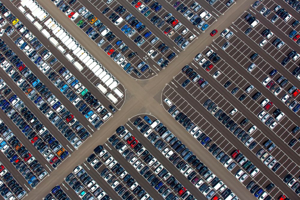 Aerial image Zülpich - Parking and storage space for new cars Automobile in Zuelpich in North Rhine-Westphalia. Operator of the site is the Norwegian - Swedish shipping company Wallenius Wilhelmsen Logistics, which deals mainly with the global transport of cars, trucks and other rolling cargoes