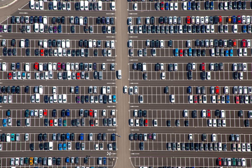 Zülpich from the bird's eye view: Parking and storage space for new cars Automobile in Zuelpich in North Rhine-Westphalia. Operator of the site is the Norwegian - Swedish shipping company Wallenius Wilhelmsen Logistics, which deals mainly with the global transport of cars, trucks and other rolling cargoes