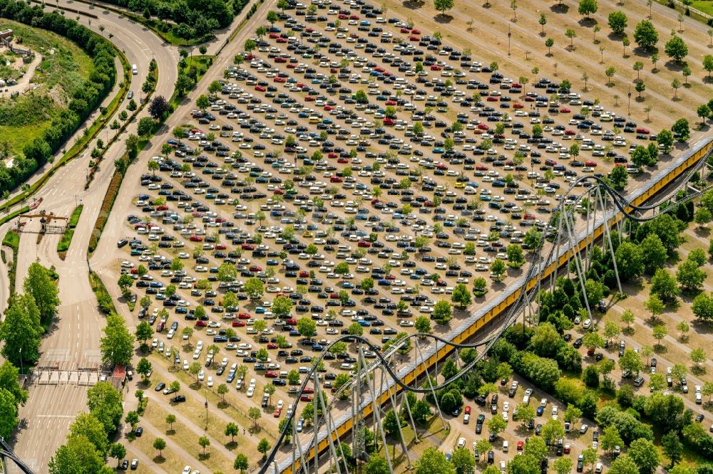 Rust from above - Parking and storage space for automobiles of Europa-Park in Rust, on second day after Corona in Rust in the state Baden-Wuerttemberg, Germany