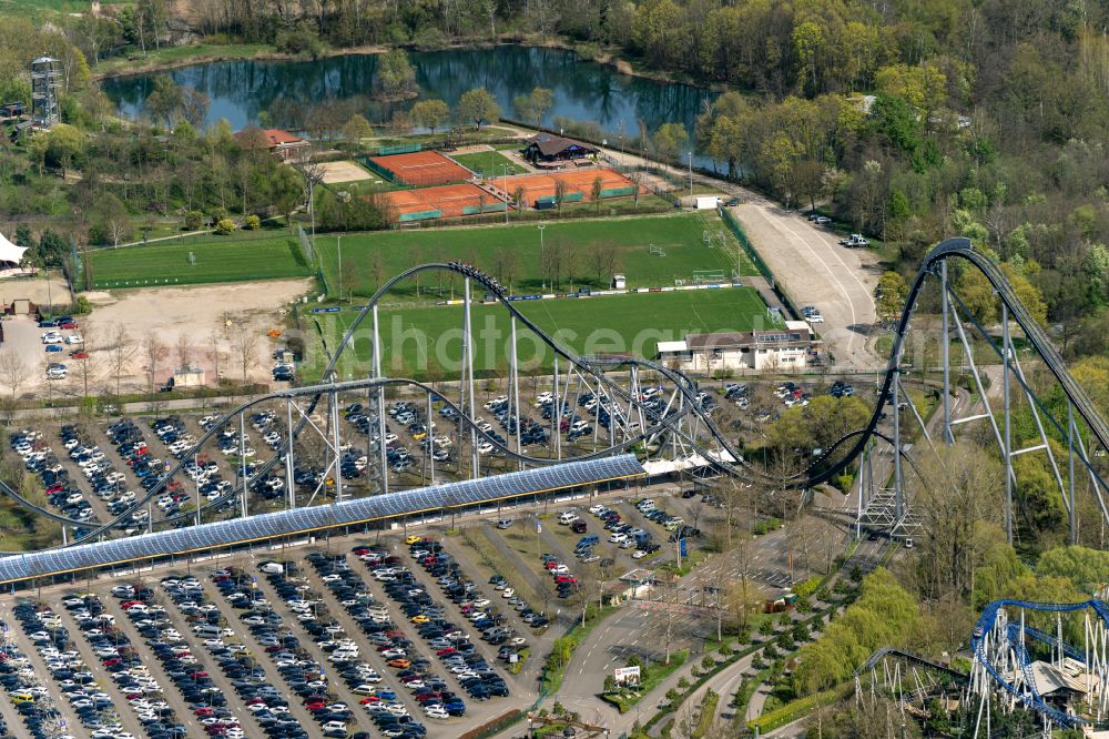 Rust from the bird's eye view: Car par at the amusement park and family park Europapark in Rust in Baden-Wuerttemberg with roller coasters and many attractions