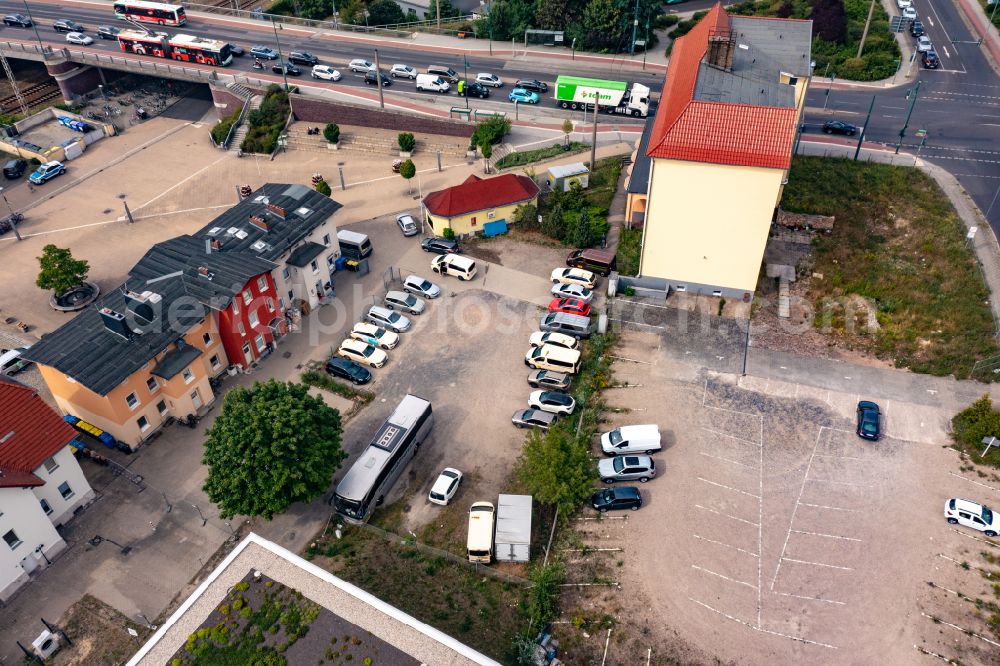 Aerial image Eberswalde - Taxi rank - Parking lot, waiting area and parking space for taxi - Automobile Taxi Wutkowsky in Eberswalde in the state Brandenburg, Germany