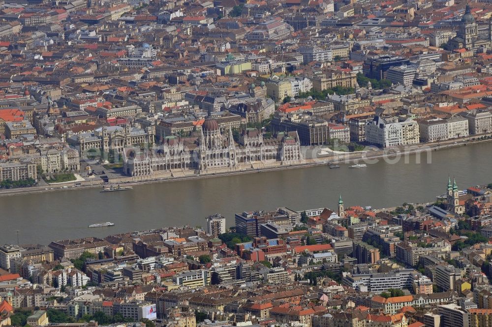 Budapest from above - The Parliament Building is the seat of the Hungarian Parliament in Budapest. The located directly beside the River Danube is building one of the landmarks of Budapest