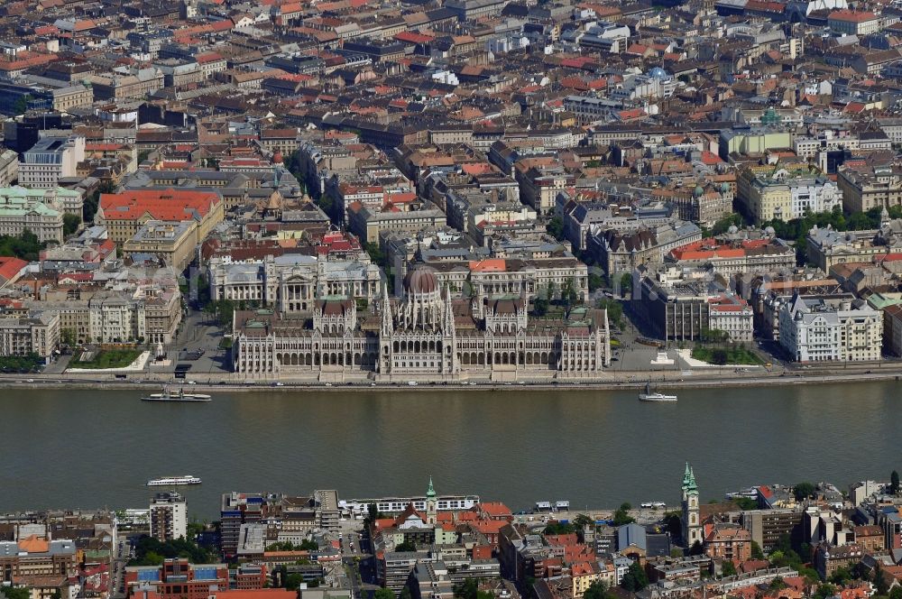 Budapest from the bird's eye view: The Parliament Building is the seat of the Hungarian Parliament in Budapest. The located directly beside the River Danube is building one of the landmarks of Budapest