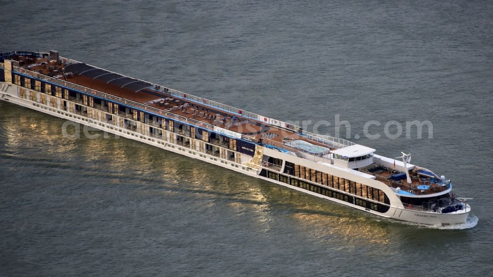 Aerial photograph Bonn - Passenger ship Amakristina while driving on the Rhine River in Bonn in the state North Rhine-Westphalia, Germany