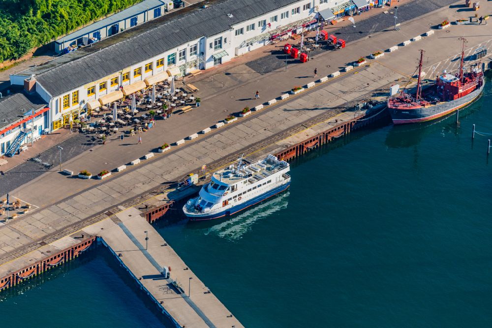 Aerial image Sassnitz - Passenger ship CAP ARKONA in port on street Strandpromenade in Sassnitz at the baltic sea coast in the state Mecklenburg - Western Pomerania, Germany
