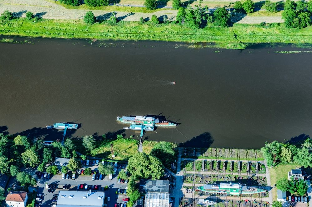 Aerial image Dresden - Passenger ship Elbdampfer in Dresden on the Elbe river in the state Saxony, Germany
