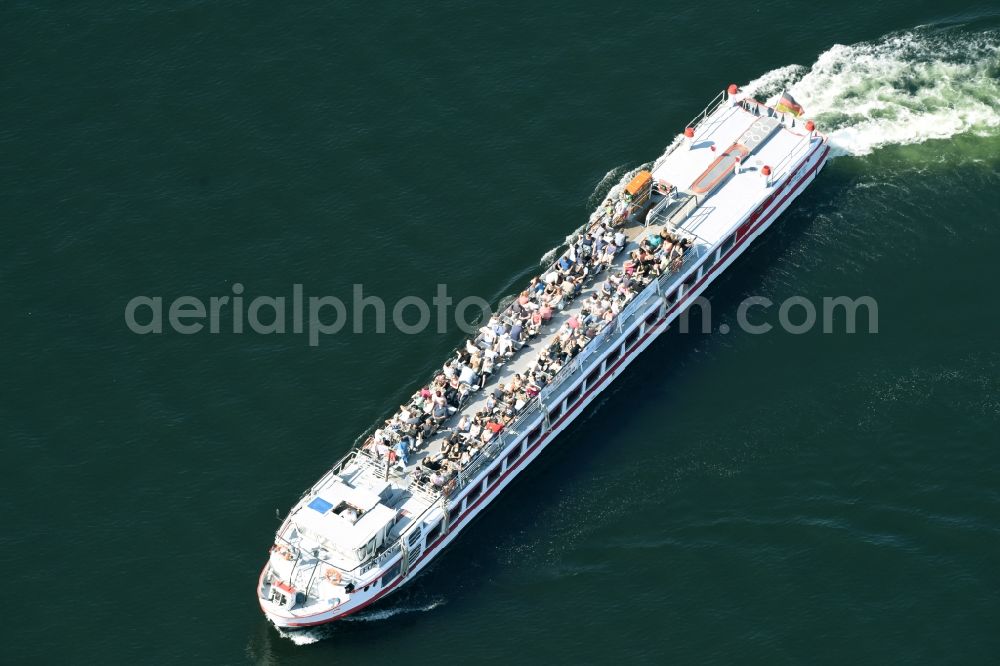 Aerial image Lenz - Passenger ship tracking on lake Plauer See in Lenz in the state Mecklenburg - Western Pomerania